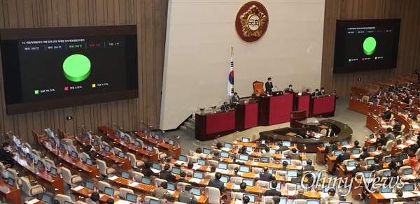  8일 오후 서울 여의도 국회에서 열린 본회의에서 아동학대범죄의 처벌 등에 관한 특례법 일부개정법률안이 가결되고 있다.