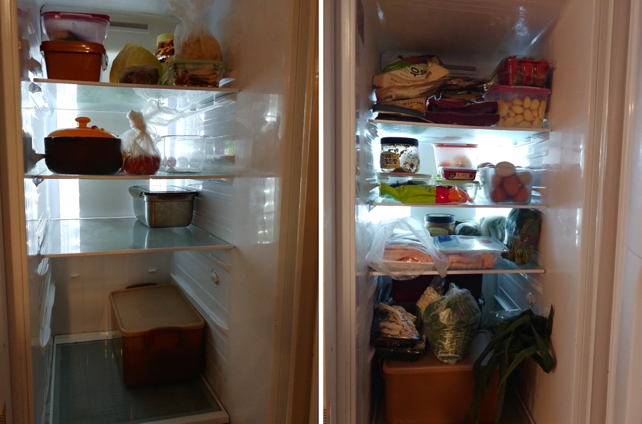  냉장고를 다 비운 후(좌) 필요한 식재료를 들였다(우). 모자 쓰고 모자 사러 가지 않기, 냉장고 버전이다.