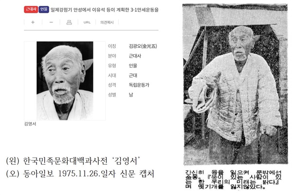 대구만세운동의 주역 김영서님의 사진 왼쪽 얼굴사진은 한국민족문화대백과사전에서 검색한 독립운동가 '김영서'(金永西)의 사진이라고 한다. 오른쪽 사진은 동아일보 1975년 11월 26일 돌아가시기 얼마 전 99세 나이의 김영서(金永瑞) 옹의 사진이다. 두 사람은 다르지만 얼굴은 동일하다. 