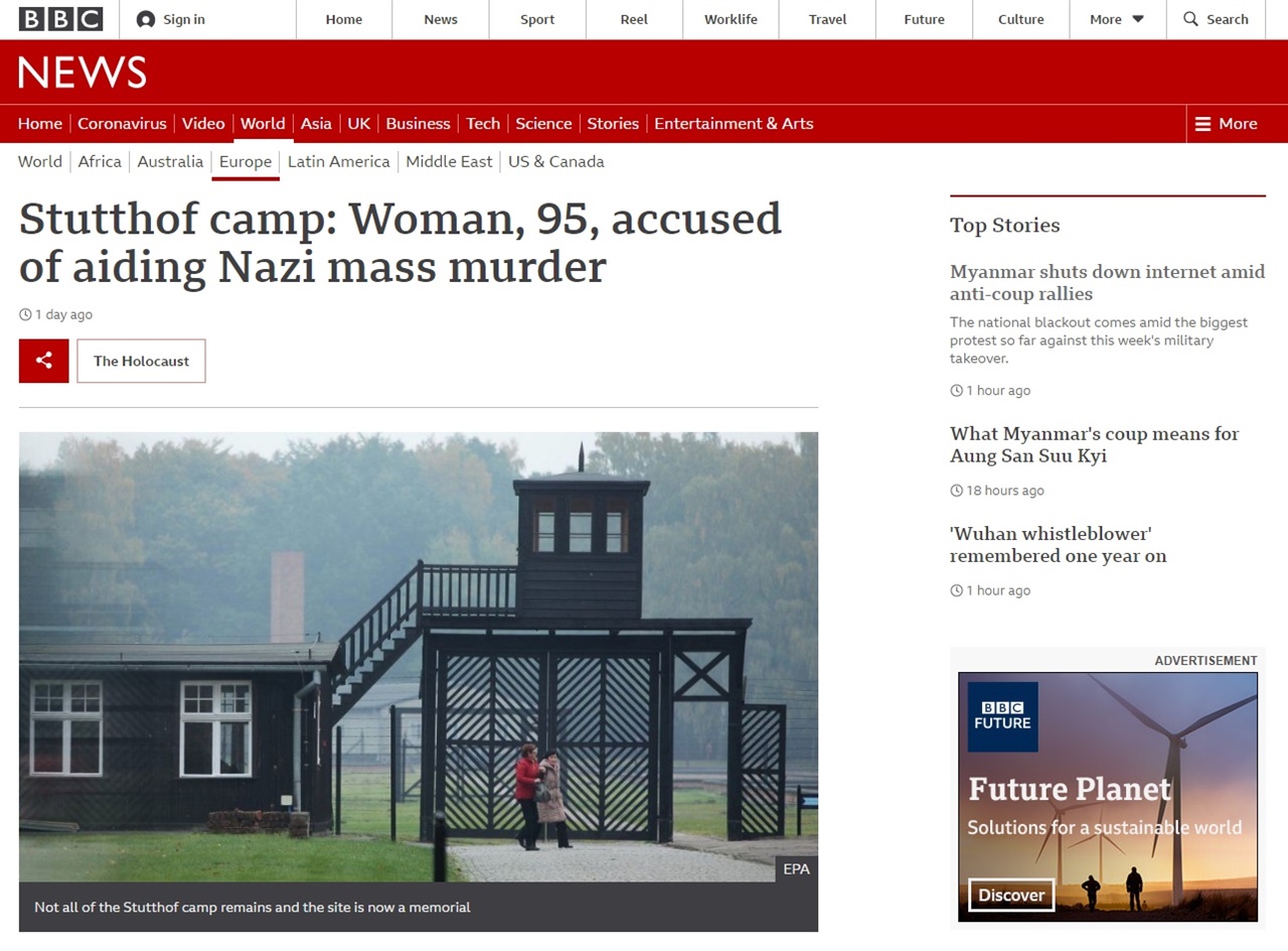  독일 검찰의 나치 강제수용소 비서 기소를 보도하는 BBC 갈무리.