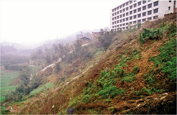 허상산 한인 묘지의 모습.(2002년) 비탈진 언덕에 썼던 무덤은 토사가 쓸리면서 사라졌고, 야산 주변에는 고층 아파트가 들어섰으며, 위로는 고속도로가 지나가고 있었다. (저작권 독립기념관)