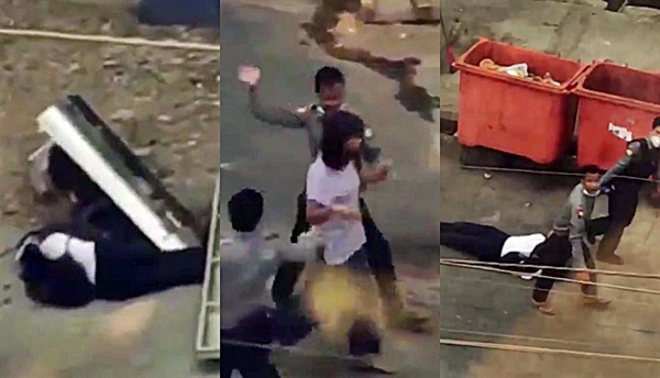  한 여성이 총에 맞은 남성을 끝까지 지키다(왼쪽) 폭행을 당하며 체포되고 있다(가운데). 피를 흘리며 경찰에 질질 끌려간 남성은 결국 숨졌다(오른쪽). 