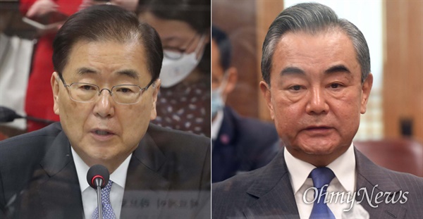 왼쪽부터 정의용 한국 외교부장관, 왕이 중국 외교부장. 