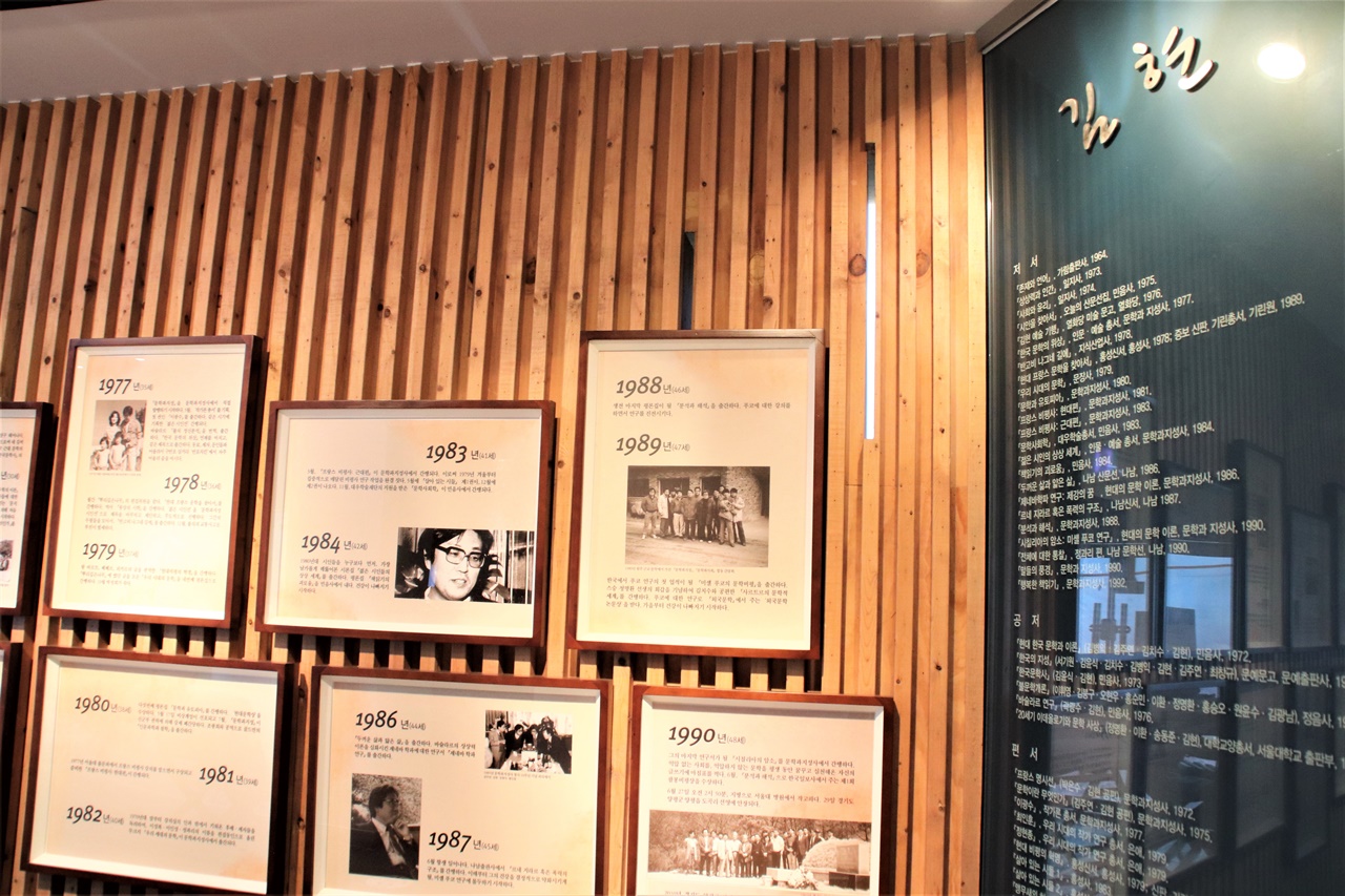 목포문학관 김현 전시실. 각 년도별로 그의 활동과 작품들을 소개하는 사진을 걸어놓고 있다. 
