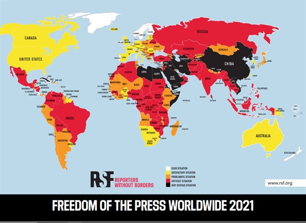 2021 세계 언론자유 지수 '국경없는기자회(RSF)'가 최근 발표한 '2021 세계 언론자유 지수' 보고서에서 우리나라는 43위로, 3년째 아시아 1위를 기록했다.