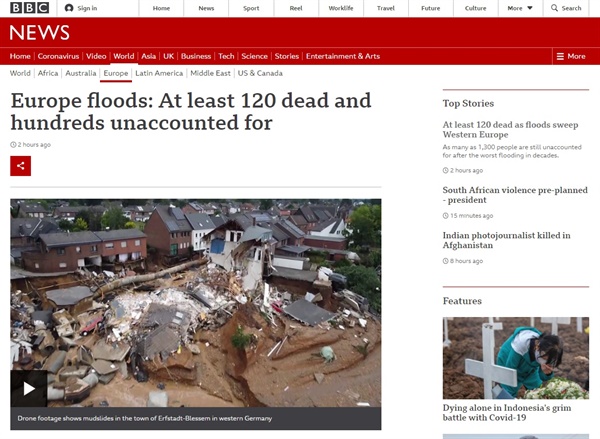 서유럽 지역 홍수 피해를 보도하는 영국 BBC 갈무리.