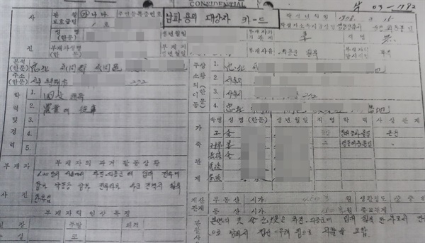 의용군 입대 후 월북한 가족에 대한 관찰보호자카드