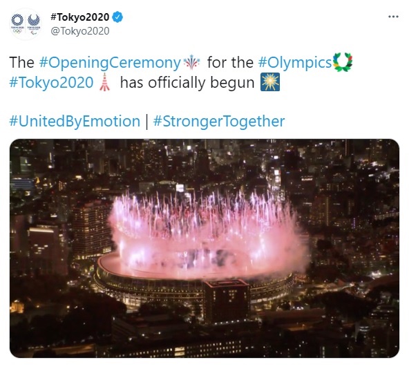  개회식을 알리는 도쿄올림픽 공식 트위터 계정 갈무리.