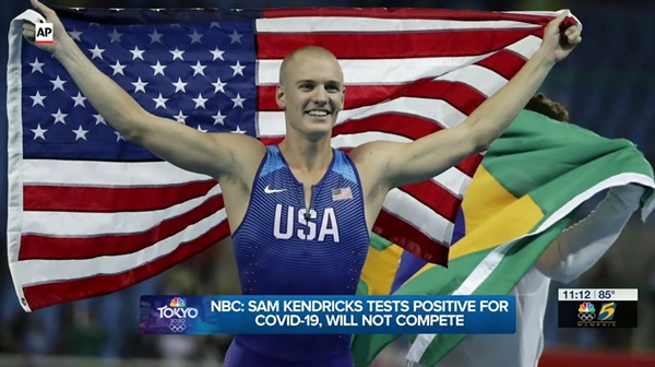 미국 육상대표팀의 장대높이뛰기 스타 샘 켄드릭스의 코로나19 확진을 보도하는 NBC 방송 갈무리.