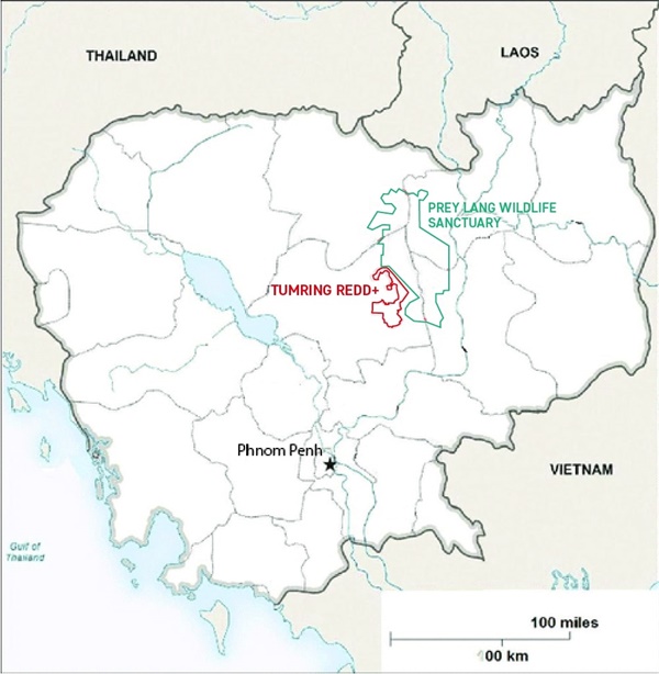 지도 3. 캄보디아 중북부에 위치한 프레이 랑(Prey Lang) 국립공원의 서남쪽 경계면에 위치한 툼링 REDD+ 시범사업 구역(붉은색 실선)