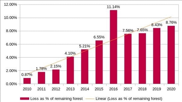 표 1. 툼링 REDD+ 시범사업 구역: 2010-2020 년 사이의 연도별 산림 유실 비율(%). 2014 년 12 월, REDD+ 시범사업이 개시된 후 산림 유실이 지속적으로 상승하고 있음. 참고로 2016 년에는 사업구역 경계면에 위치한 프레이랑 국립공원이 지정되면서 토지 강탈과 벌채가 집중적으로 이뤄진 것으로 보임. ⓒ미국 매릴랜드 대학 Global Land Analysis and Discovery (GLAD)-Global Forest Watch 2.0b(https://storage.googleapis.com/earthenginepartners- hansen/GFC-2020-v1.8/download.html )
