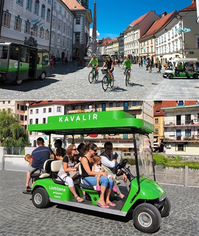 류블랴나 시민들은 대부분 걷거나 자전거를 이용하지만, 도시정책에 따라 오전 제한된 시간대에 운송차량을 운영한다. 거리를 지나가다 보면 류블랴나에서 운영하는, 골프장 카트처럼 생긴 녹색의 전기차량(Kavalir)을 볼 수 있다. 내·외국인할 것 없이 누구나 이 차량을 이용할 수 있다. 공해도 없고, 요금도 없다. 