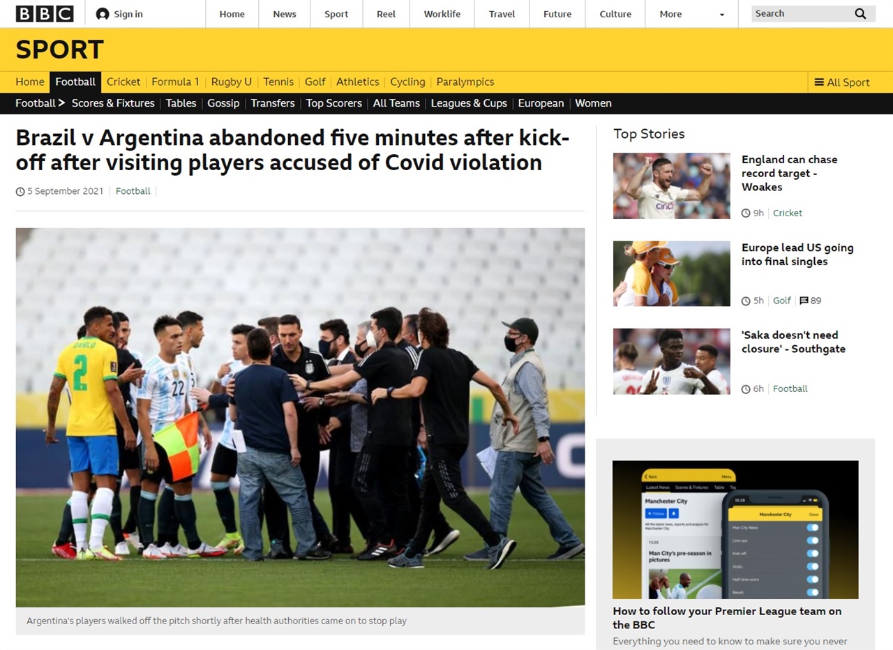  브라질과 아르헨티나의 2022 월드컵 남미 예선전 중단 사태를 보도하는 영국 BBC 갈무리.
