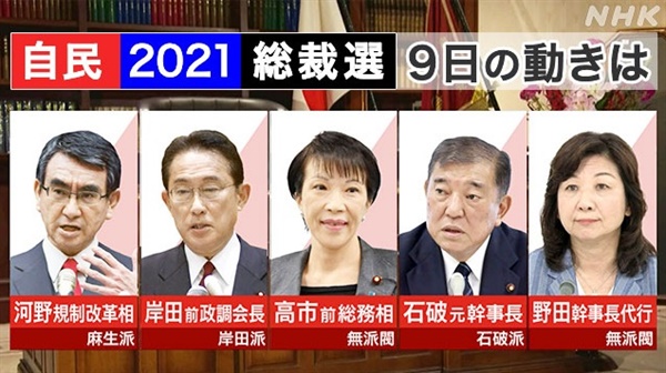 일본 자민당 총재 선거 후보들을 소개하는 NHK 갈무리. 왼쪽부터 고노 다로, 기시다 후미오, 다카이치 사나에, 이시바 시게루, 노다 세이코. 