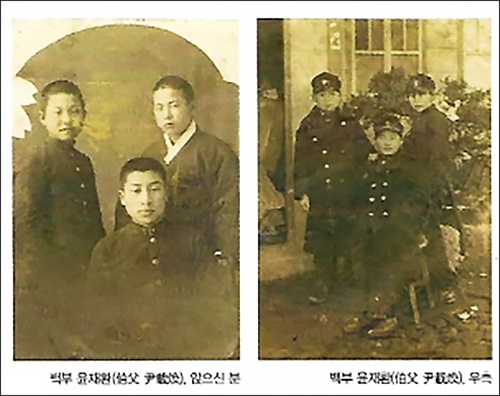 백부 윤재환 의사의 학창시절, 앞에 앉은 분(왼쪽 사진)/ 학창시절의 윤재환 의사(뒷줄 오른쪽)