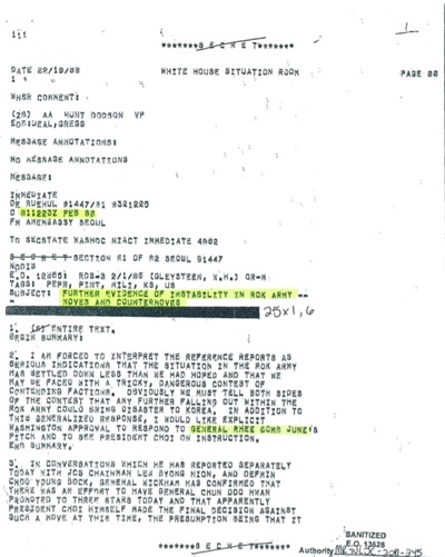 미 카터 대통령 기록관이 추가 비밀해제한 5.18관련 문서. '이범준 장군'이란 자가 미 대사관에 역쿠데타 정보를 제보한 사실을 보고하고 있다.