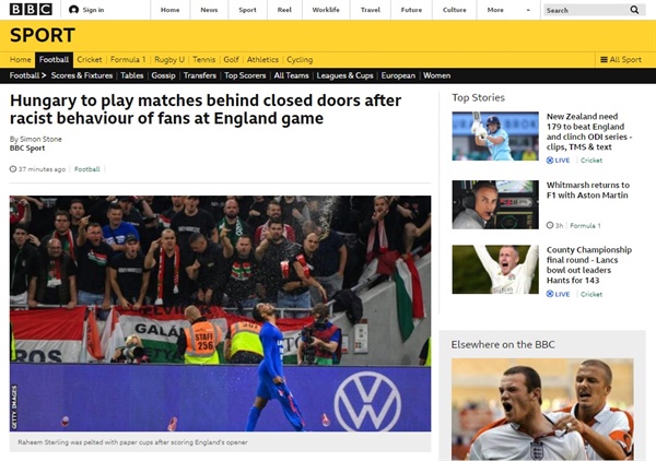  헝가리 축구팬들의 인종차별 행위 및 폭력에 대한 국제축구연맹(FIFA)의 징계를 보도하는 영국 BBC 갈무리.