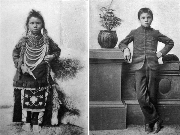 레지나(Regina) 기숙학교에 온 토마스 무어(Thomas Moore) 1891년 당시, 원주민을 훌륭하게 '문명화' 시켰다고 홍보하기 위하여 찍은 사진이다. 왼쪽이 이전의 모습이고, 오른쪽이 새로 서구화된 의상을 입은 모습. 원주민의 모습을 찾아볼 수 없게 변화 되었다.