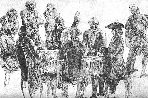 카페 프로코프에 모인 콩도르세, 라 하프, 볼테르(팔을 든 사람), 디드로(뒤쪽 왼쪽에서 오른쪽으로) 