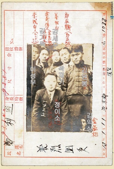 1920년 3월에 찍은 것으로 추정되는 의열단 초기 7인 단원 사진. 김원봉, 곽재기, 강세우, 김기득, 이성우, 정이소, 김익상이다.