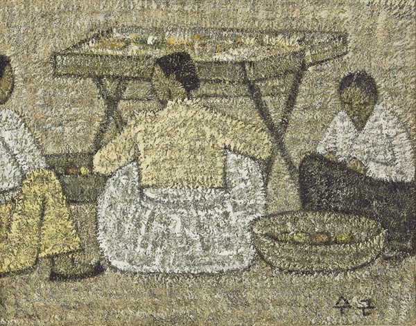 박수근 I '노변의 행상' 캔버스에 유채 31.5×41cm 1956~1957 개인소장. 아래 박수근 일화를 연상시키는 작품이다.