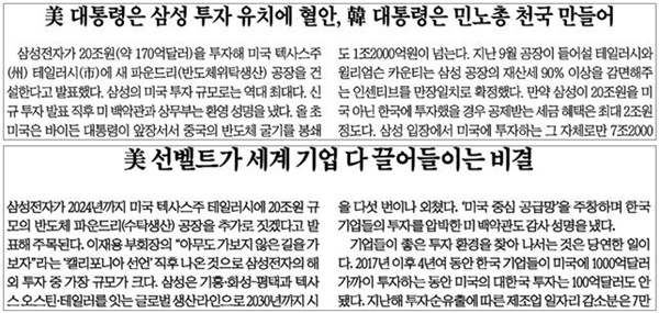 ‘미국은 투자 유치할 때 문재인정부는 친노조정책 폈다’고 비판한 조선일보·한국경제(11/25)
