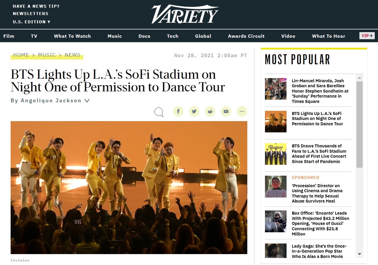  방탄소년단의 미국 콘서트 'BTS 퍼미션 투 댄스 온 스테이지'를 전하는 <버라이어티> 갈무리.