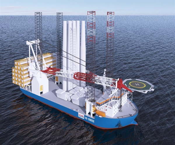 대우조선해양이 이번에 수주한 대형 해상풍력발전기 설치선 ‘NG-16000X’ 디자인 조감도