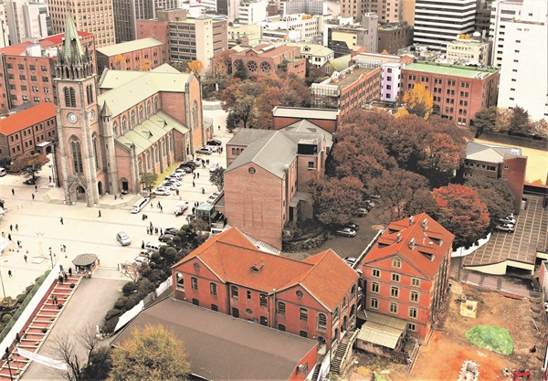 성당건립에 앞서 1890년 주교관이 먼저 지어진다. 사진 중앙 하단 'H'형 붉은 지붕이 당시 건립된 주교관으로, 현재는 역사관으로 사용 중이다.
