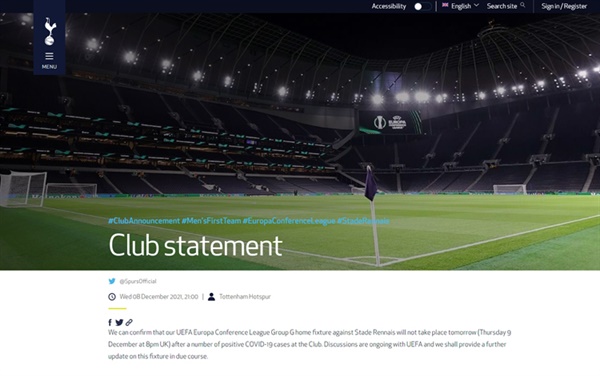 토트넘 구단 공식 발표 토트넘이 코로나19로 인해 오는 10일 예정된 UEFA 유로파컨퍼런스리그 스타드 렌전이 취소됐다고 발표했다. 