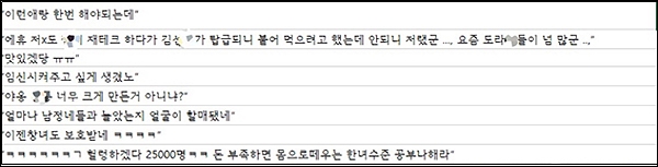 대전여민회가 21일 발표한 '대전지역 디지털 성폭력 대응을 위한 모니터링 활동 결과보고서' 내용 중 유튜브 여성연예인 영상 등에 달린 성희롱 댓글.