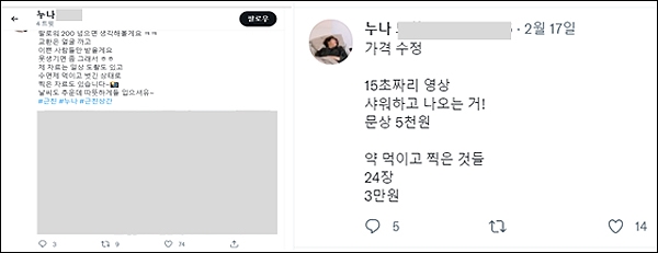 대전여민회가 21일 발표한 '대전지역 디지털 성폭력 대응을 위한 모니터링 활동 결과보고서' 내용 중  누나의 불법촬영 영상을 판매한다는 트위터 ‘누나**’ 계정.