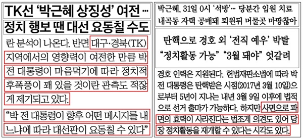 ‘박근혜 정치 메시지·정치 재개’ 다룬 기사(12/25)(왼쪽 중앙일보, 오른쪽 동아일보)
