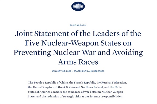 핵무기 보유 5개국의 공동 성명을 발표하는 미 백악관 홈페이지 갈무리.
