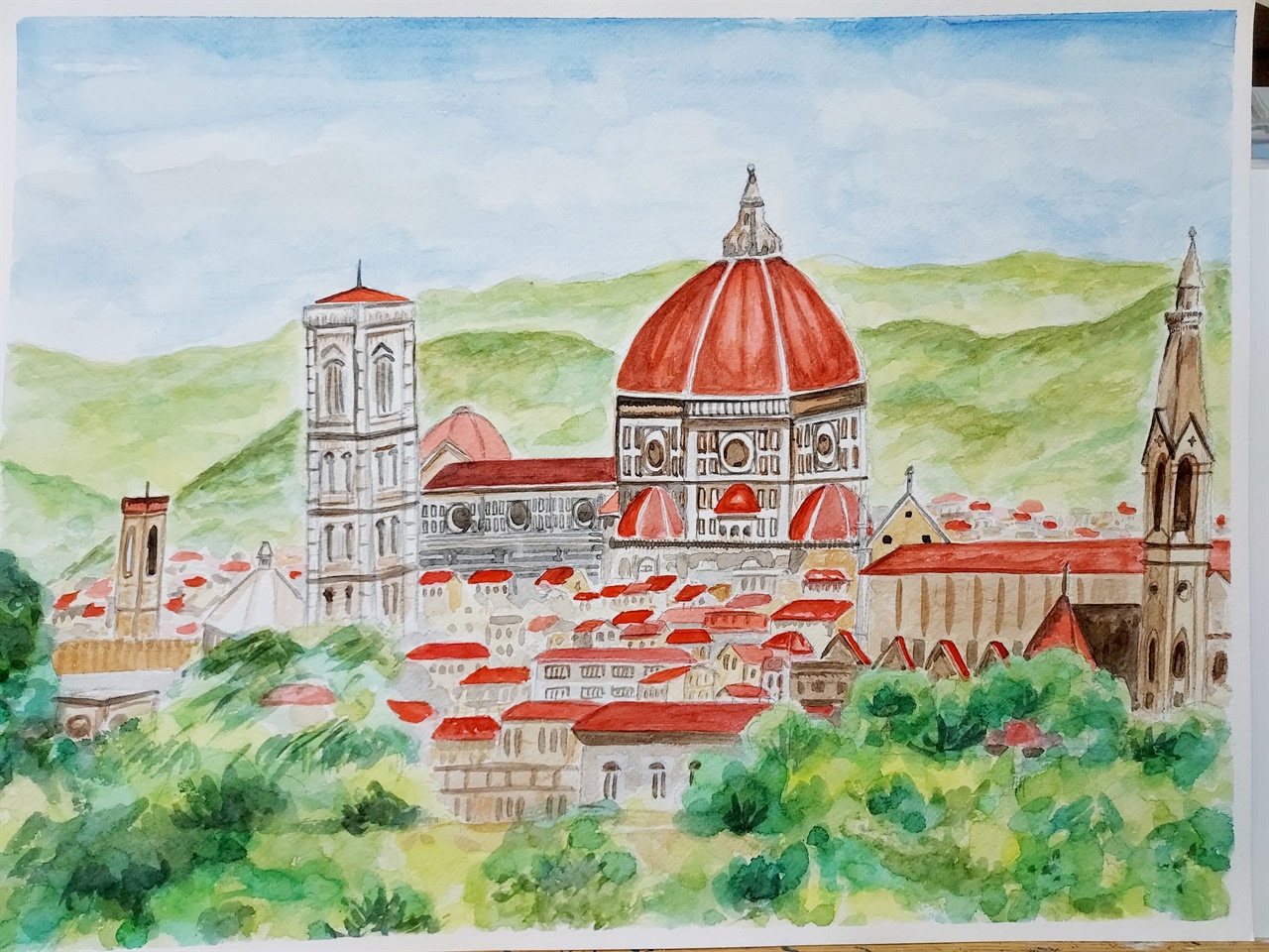 피렌체 여행에서 사온 달력의 그림을 보고 스케치해서 수채물감으로 칠한 수채화