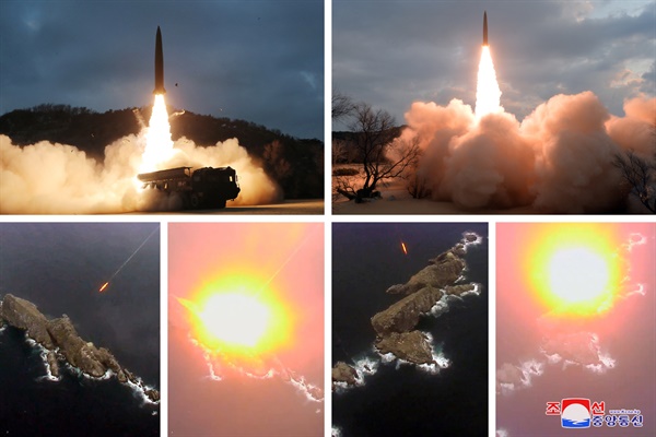 사진은 1월 27일 북한이 시험발사한 지대지 전술유도탄 시험발사 장면. 