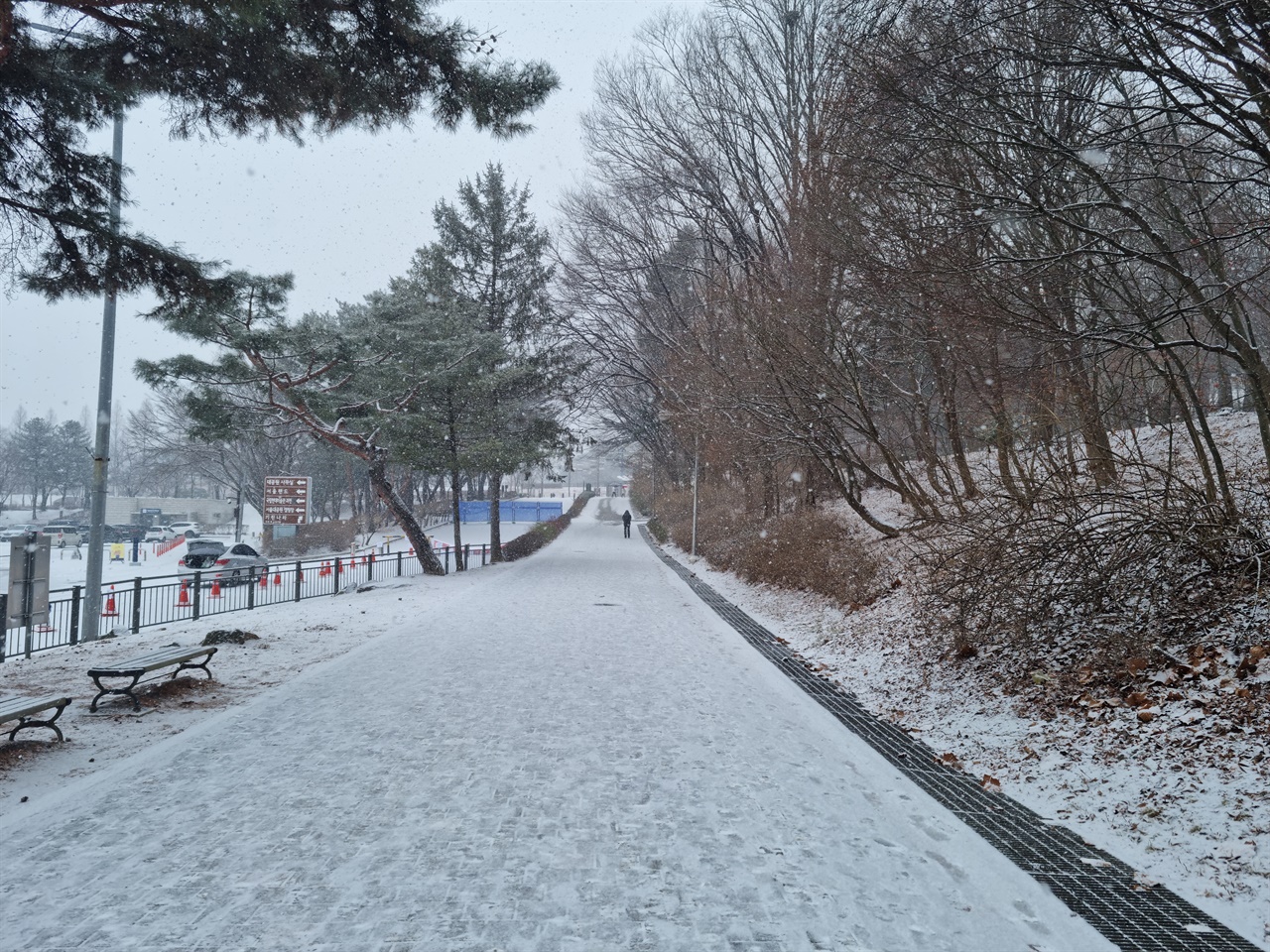 하얀 눈이 내려앉은 겨울 산책로