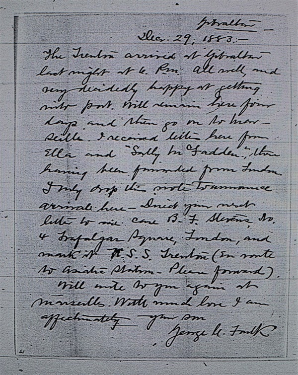 조지 포크가 지브롤타에서 부모님에게 보낸 1883년 12월 29일자 편지 . 