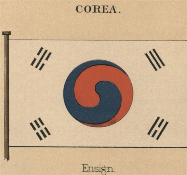 1882년 5월 제물포에서 조인된 조·미 통상 수호조약 체결 시 사용했던 태극기. 미 해군이 발행한 <해양국가의 깃발(The Flags of Maritime Nations)>이라는 서적에 ‘COREA Ensign’이라는 이름으로 공식 등록되어 있다