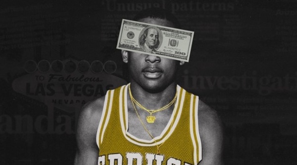 영화 스틸컷 '포인트 셰이빙'에 참여한 농구선수의 얼굴을 지폐로 가렸다.
