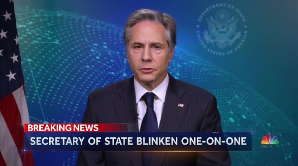 러시아의 우크라이나 침공을 규탄하는 토니 블링컨 미 국무장관의 NBC 방송 인터뷰 갈무리.