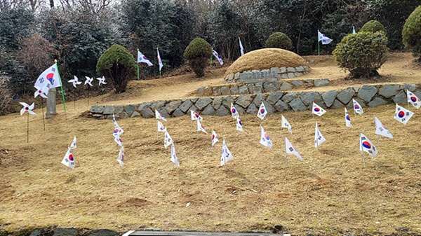 제103회 삼일절을 앞두고 독립운동가이자 교육자인 이선우 지사 묘역에 103개의  태극기가 설치됐다