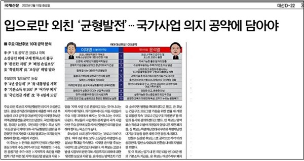 국제신문 2월 15일 3면 ‘주요 대선후보 10대 공약 분석’ 기사