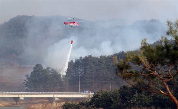 5일 경북 울진군 울진읍 인근에서 소방헬기가 분주하게 움직이고 있다. 