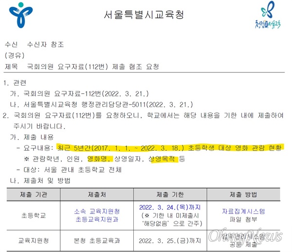 서울시교육청이 지난 21일 학교에 보낸 공문. 