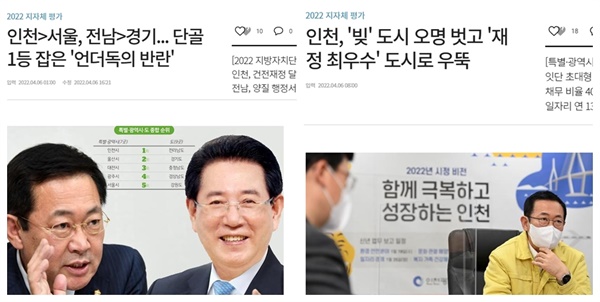 <한국일보>가 한국정보사회학회와 공동으로 실시한 '2022 지방자치단체 평가'에서 인천시는 서울시를 제치고 처음으로 특별·광역시 부문에서 1위를 차지했다.