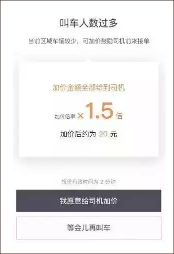 중국 공유자동차 디디츄싱 앱 프로그램에서 택시 요금 1.5배를 제안하는 핸드폰 화면