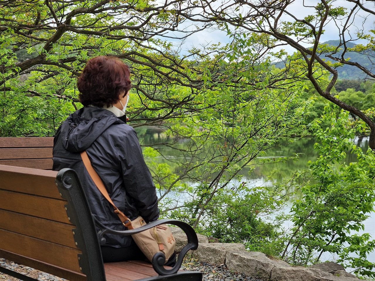  밀양 위양못 곳곳에 설치된 벤치에 앉아 명상과 산림욕을 즐기는 모습(2022.4.30.오전 촬영)