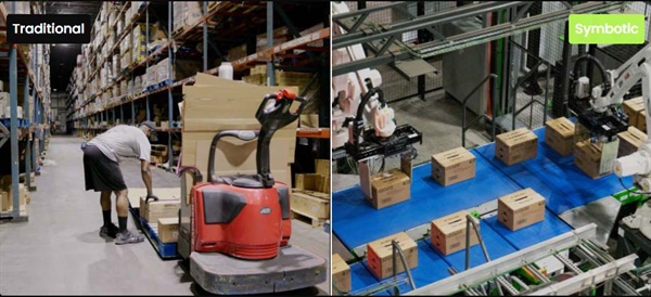 직원이 직접 물품을 분류하고 옮겨야 했던 기존의 물류센터(왼쪽)와 심봇 로봇이 물품을 분류하고 옮기는 새로운 물류센터(오른쪽) 