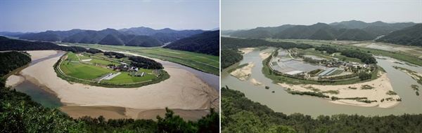 회룡포 영주댐 공사 전후 사진 비교. 2010년 회룡포(좌)와 2021년 회룡포(우)의 모습이다. 